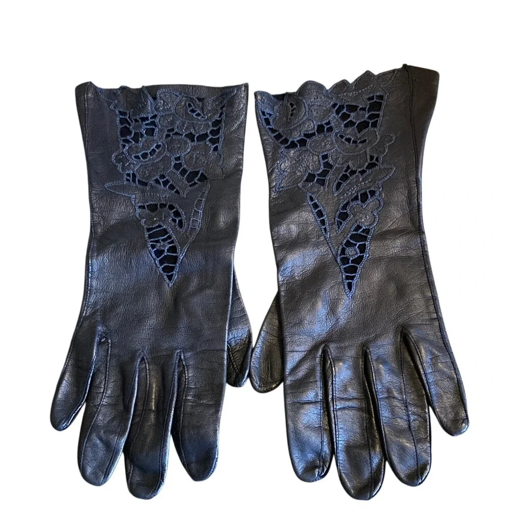 Black Leather Lace Appliqué Gloves Size Large Vintage Look Dark Romantic Classic